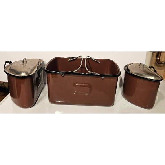 Vintage Brown Enamel Nesting Mess Kit 3 Piece Camping Cookware Set with Lids